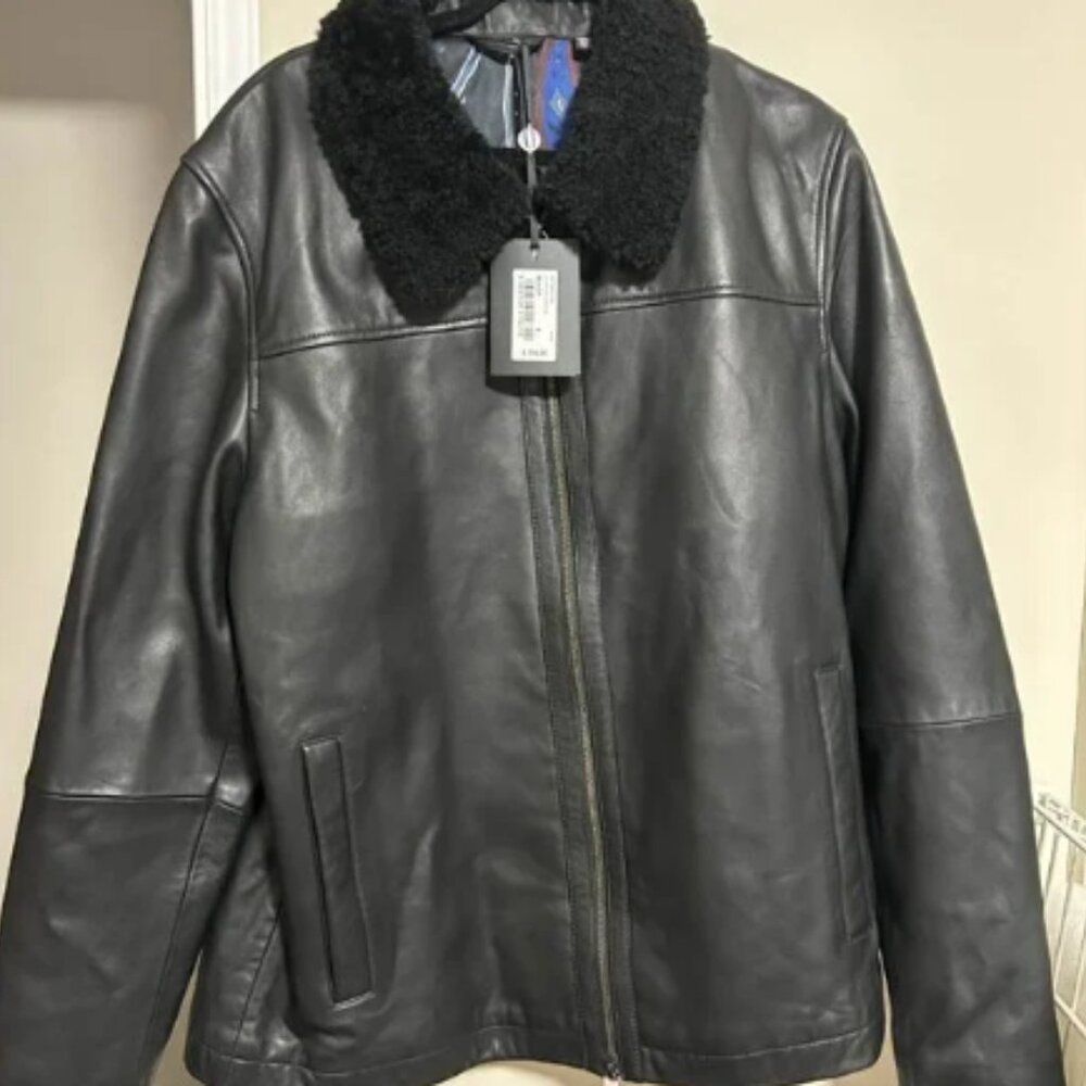 NWT $795 Men's Ted Baker London Black Leather Jacket w/ Shearling Collar Size 5